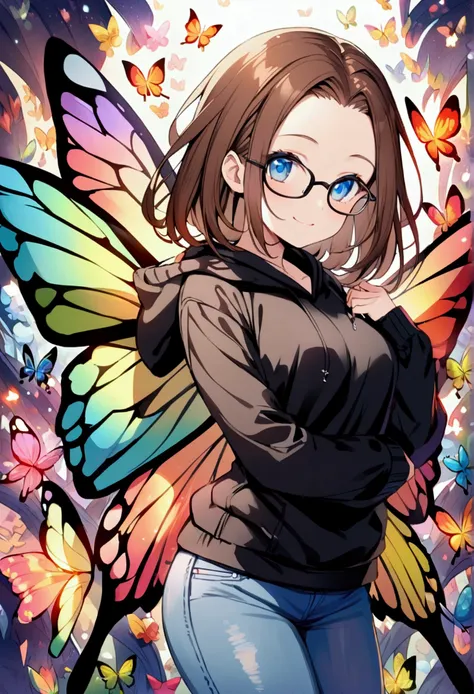 Alone, one person, anime woman (shoulder-length brown hair, blue eyes, black hoodie, jeans, dark-framed glasses, clear forehead, smiling, with shimmering colorful butterfly wings). Surrounded by cute fantasy creatures like Pokemon.