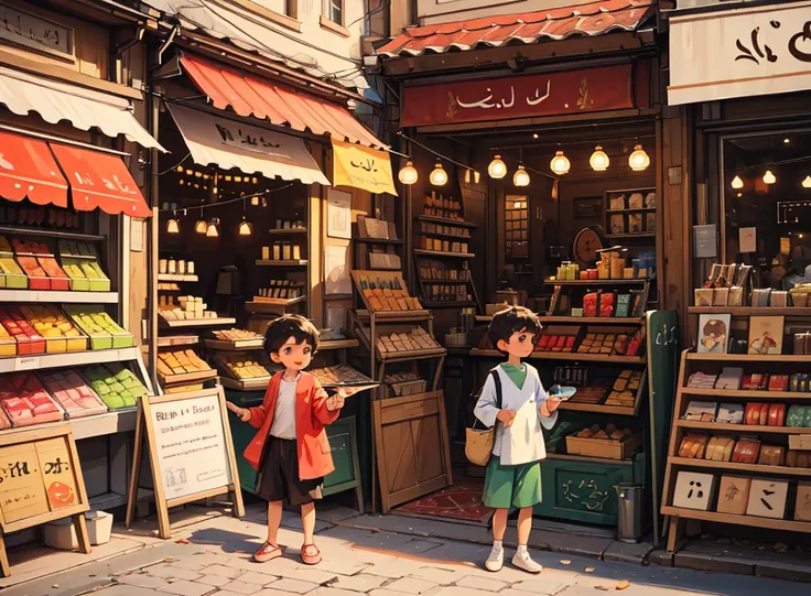 "Create a vibrant and engaging thumbnail for the story لا لچی حلوائی. The thumbnail should show a simple villager (boy) standing in front of a sweet shop in a bustling city. The villager (boy) should look curious and slightly hungry. The confectioner insid...