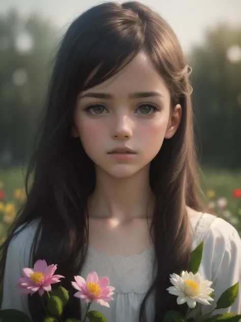 masterpiece,best quality,  illustration,style of Philip Lorca diCorcia,
cinematic film still portrait of young girl aged 12yo, flowers, 1girl, solo, long_hair, pretty face, 
.shallow depth of field, vignette, highly detailed, high budget, bokeh, cinemascop...