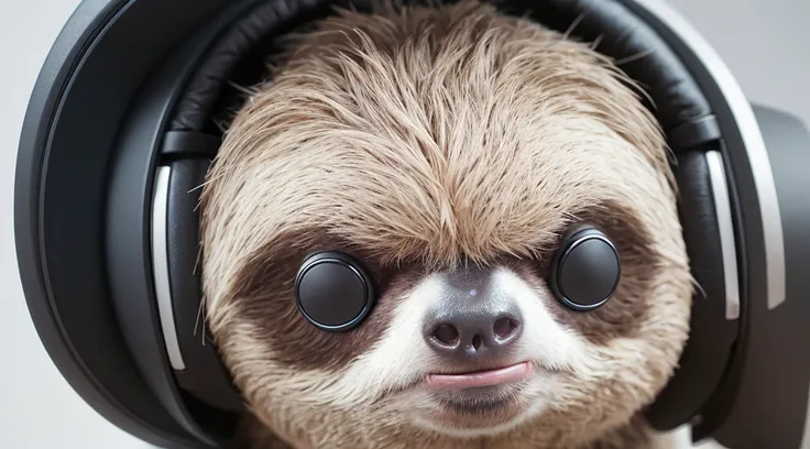 A sloth wearing a wireless headset，「front」Head close-up and in the middle of the screen , No text, There is no other equipment in the picture，No other headphones, Solid background（White without gradient）