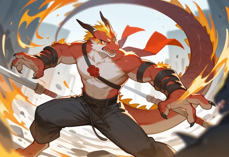 top quality, high-quality illustrations((masterpiece))depth of field, motion blur, absurdres, Perfect Anatomy, magnificent picture of kemono fighting fierce battles, kemono, 1boy, solo focus, Anthro((dramatic))epic, weapon, dynamic pose, One scene of movie...