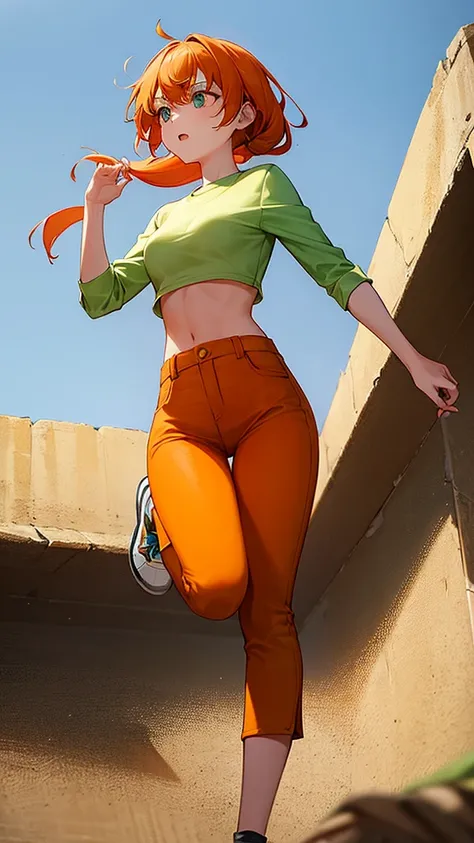 1girl, bandage , orange hair, long green pants, jump