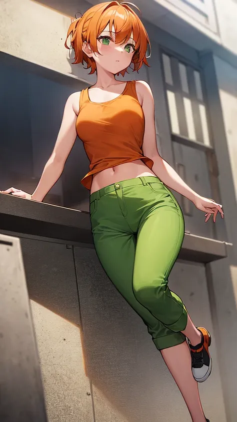 1girl, bandage , orange hair, long green pants, jump