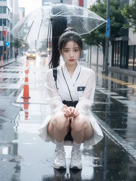 Girl in soaking wet Japanese , transparent wet uniform,wet, mini skirt, white shoes, Dry legs and wet legs, beautiful girl, pretty face,brown eyes, Ponytail blonde long hair, actual, 8K quality, Express, high quality, super detailed face, big bust, rain 오는...