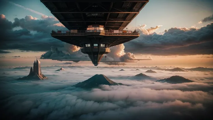 The stunning painting features a surreal landscape with an ethereal city floating above the clouds. The city is connected to the land by a complex series of bridges, with people walking or flying between them. The color palette is a mix of warm and cool to...