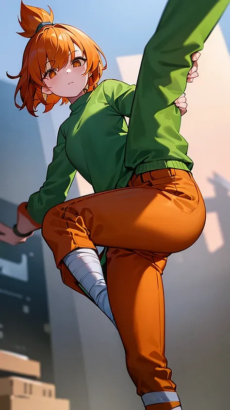 1girl, bandaged  , orange hair, long green pants, jump