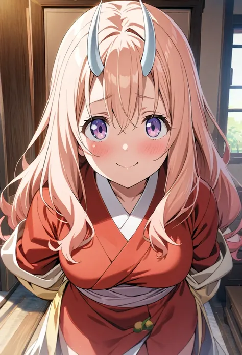 1girl, shuna(tensei shitara slime datta ken), tensei shitara slime datta ken,Two horns growing out of the forehead,bangs,white and red kimono,room,gentle,lovely smile,masterpiece, best quality, absurdres,