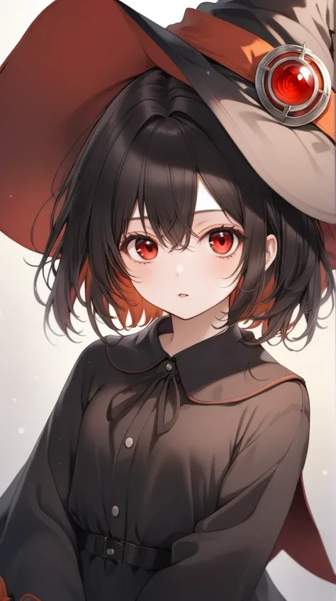 A 16 year old girl, with a red eyes, blackquality hair, with witch hat