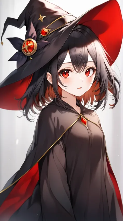 A 16 year old girl, with a red eyes, blackquality hair, with witch hat