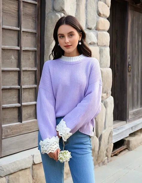 A stunning young woman with dark brunette hair styled in loose waves, highlighting her oval face shape, dressed in a stylish and cute Korean-inspired outfit. She wears a pastel lavender oversized sweater with lace trim on the cuffs and hem, paired with hig...