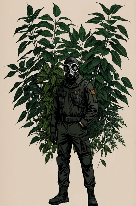 man in a gas mask wrapped in plants, standing in the dark, Drawing style 