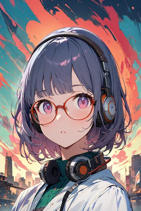  Double exposure of a beautiful and delicate lady(Face clear and perfect)Image(((semi-rimless eyewear:1.3))), (headphone:1.2), short hair, blunt bangs,，The backdrop is a hyper-detailed tokyo city perfect for, Beautifully, Intricate illustrations, art work ...