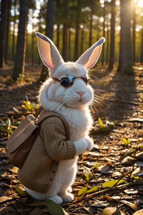 Je veux un lapin mignon bien habillé avec des lunettes et un sac au dos dans une forêt humide avec un beau coucher du soleil 