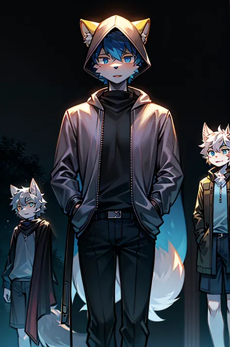 All staff side，walk，Anime style，Dark scene，Large background light source，five characters，The first one：hairy，16 years old，Young Style，Handsome，Bright Eyes，Male wolf，Dark blue hair，White hair on the face，Blue Eyes ，Yellow ear hair，Yellow hair around eyes，Ta...