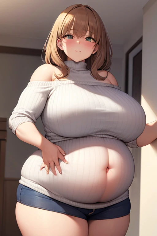 ((best quality)), ((masterpiece)), (detailed), 1 woman, off shoulder sweater,fat,Fattening,big belly,busty,thick arms,thick thighs,좀더 Fattening,더 fat,훨씬 더 fat 