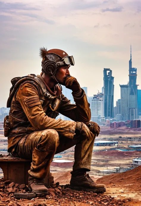 wasteland，老西部牛仔sit在石头上思考，thinker，Hand on cheek，(sit:1.2)，Rusty，The skyline in the distance