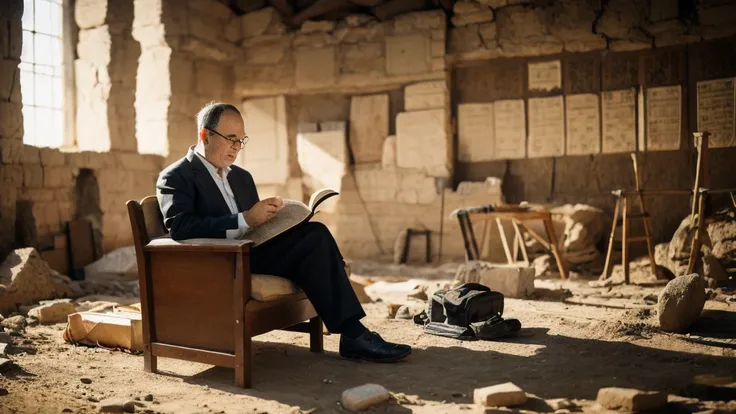 A middle-aged man sitting in a chair and reading the Bible、archeology、Hebrew、Open Bible、Historical documents、Bible Manuscripts、Outdated、museum、high resolution