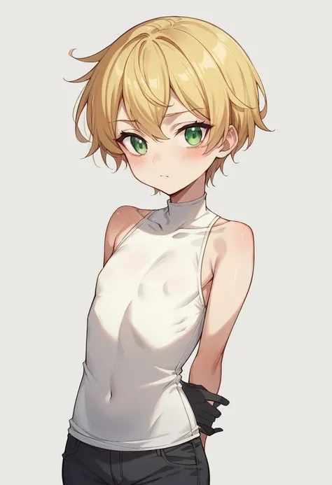 （One girl）、((short hair))、((Blonde))、（Sato Air)、((boyish))、cute、((flat chest))、(Wizard)、black stick pants、White sleeveless、black gloves、say、green eye、arm behind back、(coarse hair)、White Background、