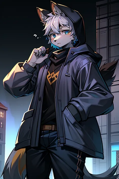 All staff side，walk，Anime style，Dark scene，Large background light source，five characters，The first one：hairy，16 years old，Young Style，Handsome，Bright Eyes，Male wolf，Dark blue hair，White hair on the face，Blue Eyes ，Yellow ear hair，Eye hair，Tail blue and whi...