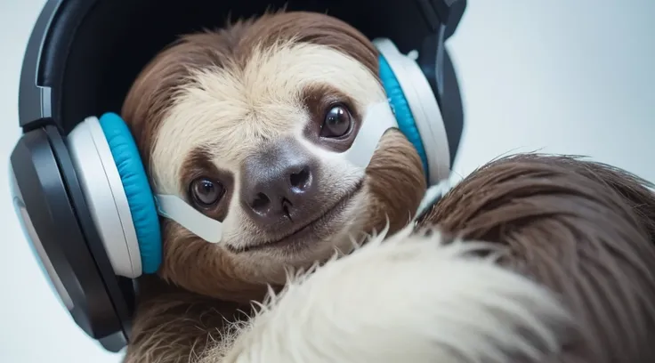 A sloth wearing a wireless headset，「front」Head close-up and in the middle of the screen , No text, There is no other equipment in the picture，No other headphones, Solid background（White without gradient）