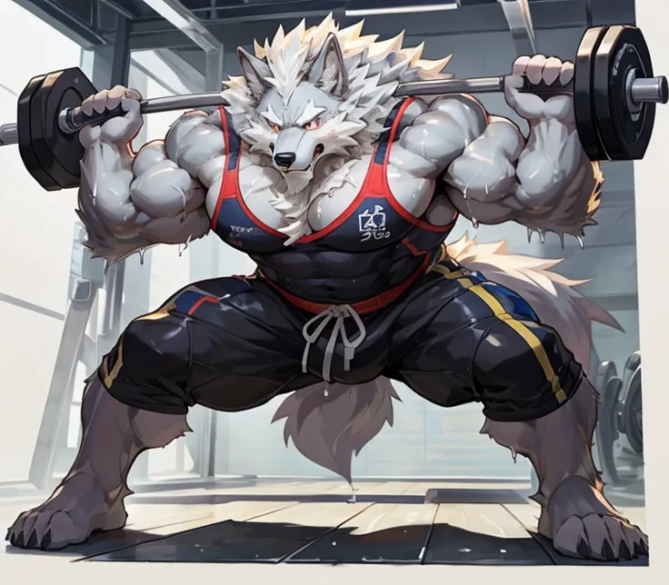 masterpiece,high quality,japanese cartoons,delicate eyes,furry male gray wolf, law, great physique,strong arms, gym, exercise, d...