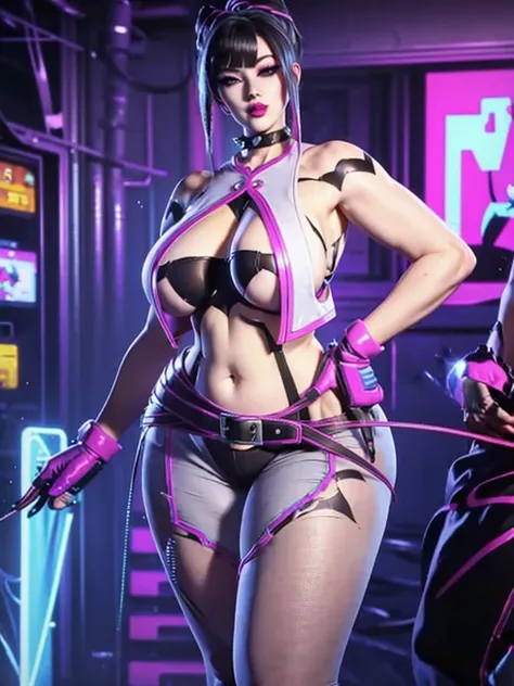 throw: ((((Super huge enormously gigantic tits, cleavage showing)))) . （（（(), s(masterpiece, best quality, expressive eyes, perfect face, hyperrealistic detailed face), Ultra HD, 4K, HDR, (8K), 3D cyberpunk street, gaming hubs, neon cyberpunk theme, night,...