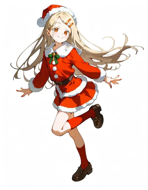 Highest quality, masterpiece, No correction, Beark 1 dhibi girl,shinosawa hiro,thin,Orange eyes,White eyelashes,Blonde,Long Hair,Hair Clip,cros hair clip,flat chest,white background,mini red skirt,santa costume,full body,from side,close mouth,smile,