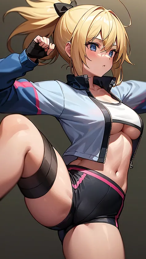 1girl, sporty jacket, bandaged boob, ponytails , short pants, blonde hair, karate