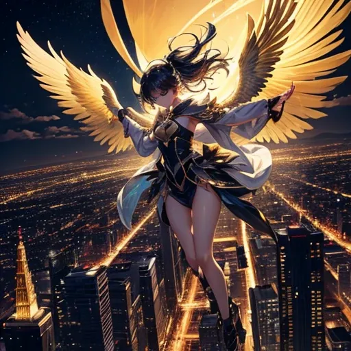 The image depicts a female angel floating above a city at night.。. The city lights shine golden、Create a dramatic atmosphere, Its delicate presence and black feathers contrast with the urban environment.。. Women seem protective and cautious.