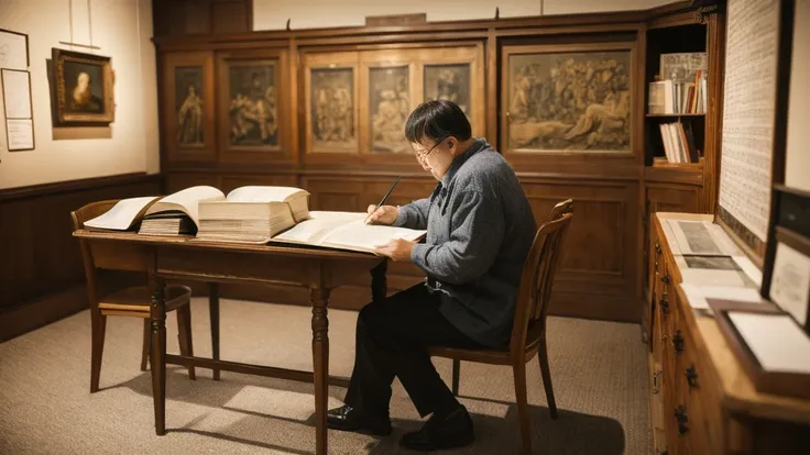 A middle-aged man sitting in a chair studying the Bible、Historical documents、Bible Manuscripts、Outdated、museum、high resolution