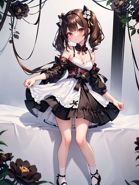 (Teen girl (Girl but a little grown up) (bust c) (fair skin)) (medium hair (brown hair) (twin tail) (black ribbon)) (white china dress (perfect for skin) (both sides are perfect) Tied with a black string) (No sleeves) (Knee length) (Show cleavage) (You can...