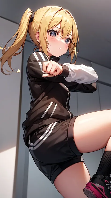 1girl, sporty jacket, ponytails , short pants, blonde hair, karate