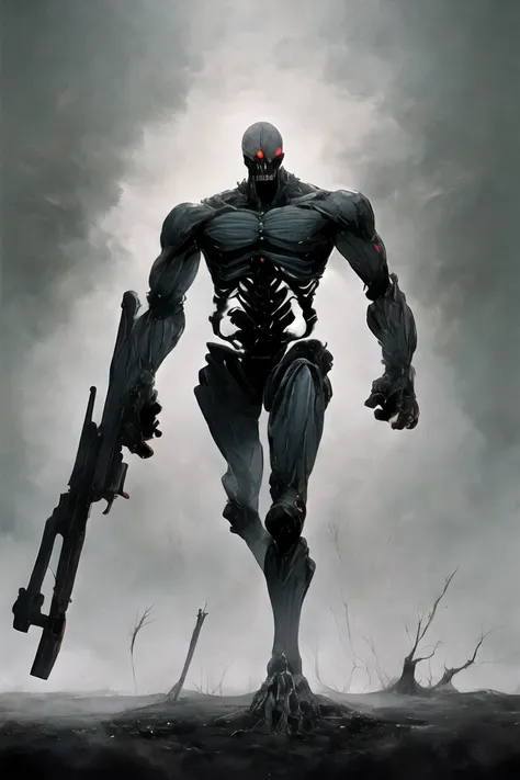 (((Highest quality)))(((Best Image)))外見は黒いfog,Wearing shiny armor,Modern Battle Suit(((Appearance)))The shape is humanoid,Modern weapons(((Features)))Eyes glowing red,The shape is made of purple glowing matter..(((male)))The skeleton is human-like、Muscle f...