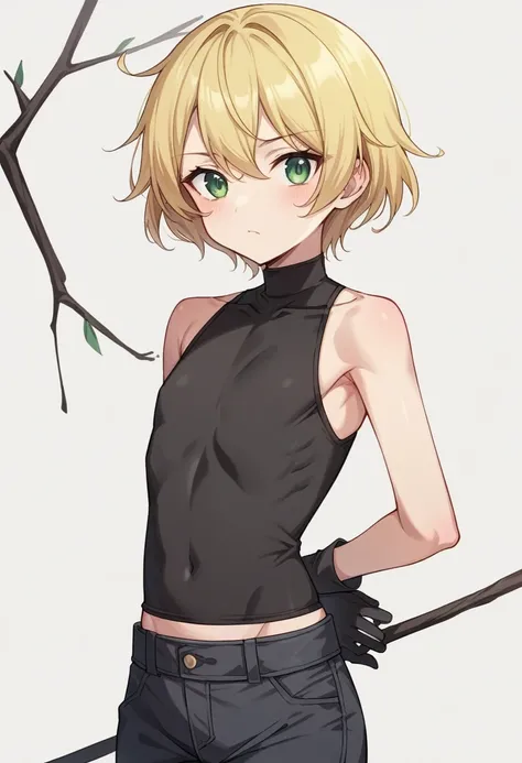 （One girl）、((short hair))、((Blonde))、（Sato Air)、((boyish))、cute、((flat chest))、(Wizard)、black stick pants、black sleeveless、black gloves、say、green eye、arm behind back、(coarse hair)、20-year-old、White Background、