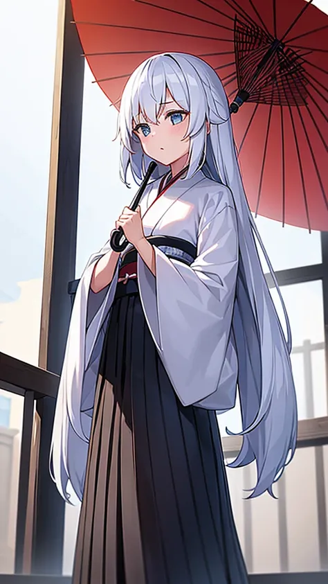 1girl, umbrella, kimono, white long gair