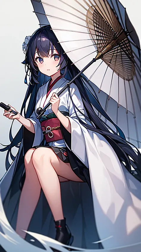 1girl, umbrella, kimono, white long gair