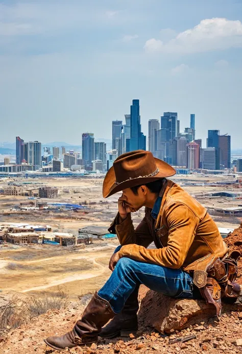 wasteland，老西部牛仔sit在石头上思考，thinker，Hand on cheek，(sit:1.2)，Wear a cowboy hat，Rusty，The skyline in the distance