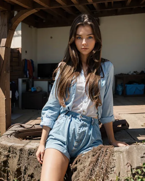 girl with brown long hair and blue eyes. 