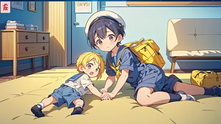 (((Mother and little boy)))、(((Highest quality、Masterpiece、Official Art、The best dynamic composition)))、Anime Style、Very detailed、8K high resolution、Holding hands and going to kindergarten with mother、The boy is carrying a rectangular yellow bag over his s...