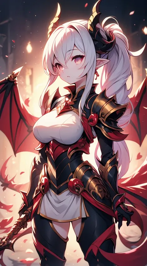 Dragon Girl，knight女孩，穿着knight铠甲的女孩，Breastplate，Skirt Armor，Arm Guard，Leggings，Bare thighs，丝绸Knee socks，Knee socks，White hair，Long hair，Single ponytail hairstyle，Dragon Horn女孩，Dragon Wings，Girl with wings，Dragon Horn，horn，巨Dragon Wings，White Wings，Dragon Ta...