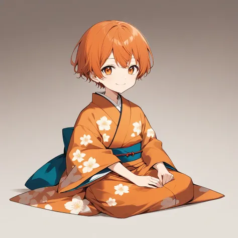 Orange Hair, Orange eyes,short hair,smile, a bit,maleの子一人,a bitキャラ,anime,whole body,mini,male,小さいmaleの子,a bitお漏らし ,kimono,Sitting