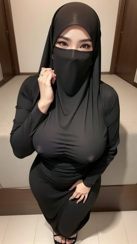 8K, high quality, nice lighting, soft lighting, realistic, Sexy, big breasts, thighs, wide hips, malaysia dress, black dress, long sleeves, sexy lady, asian, hijab, niqab, sexy pose, showing big thighs, nice body, natural largest breast, wearing rings for ...