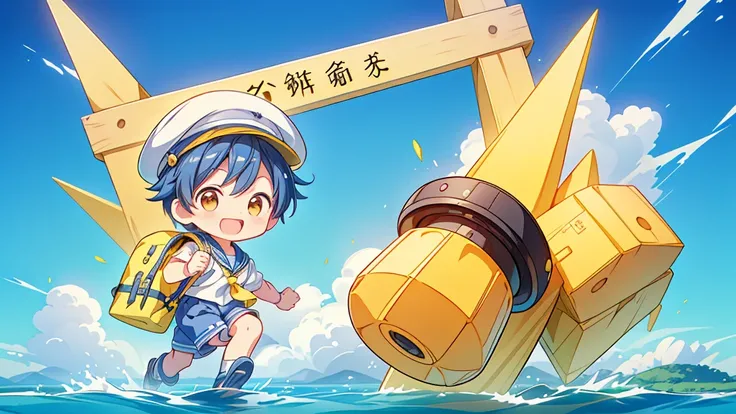 Chibi no Boy、(((Highest quality、Masterpiece、Official Art、The best dynamic composition)))、Anime Style、Very detailed、8K high resolution、The boy is carrying a rectangular yellow bag over his shoulder.、Navy blue sailor suit and navy blue shorts、White socks、Dia...