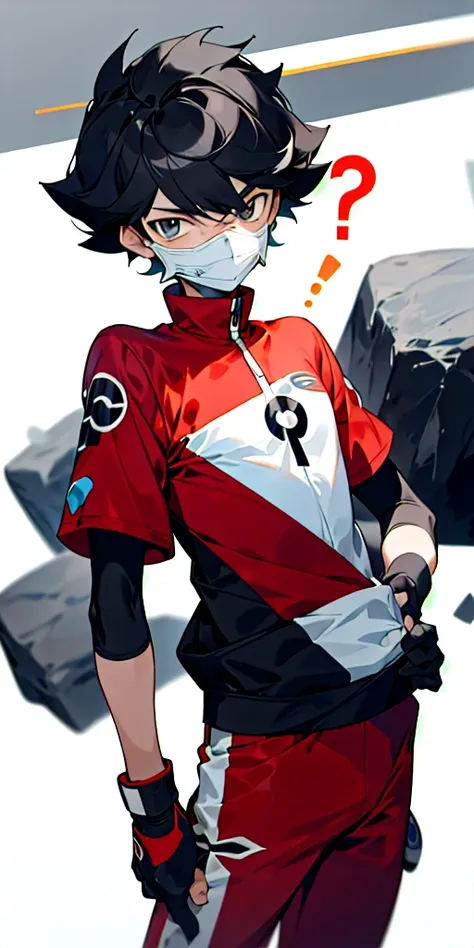 16 Year old guy, short black hair, white mask with black question mark on it, light skin, rock type trainer, Pokemon trainer outfit, dark red outfit, shy