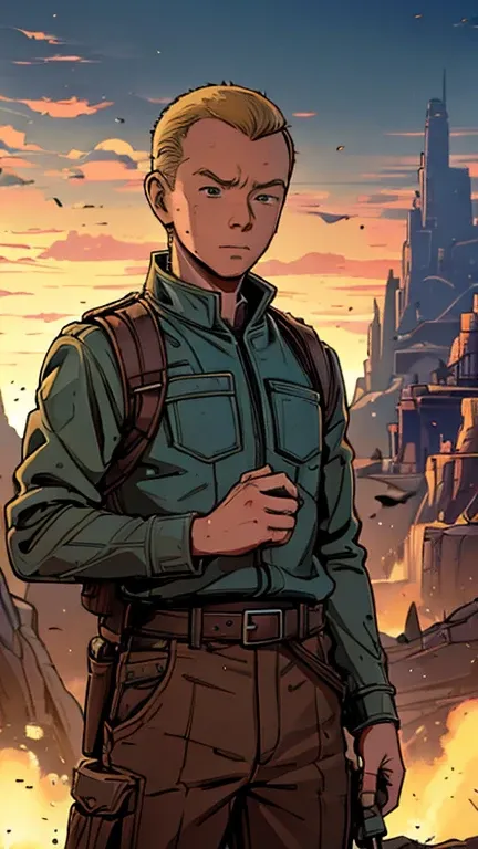 (Teens:1boy: Tintin,Star Wars), (extremely detailed CG unit 8k wallpaper),(master part), (best quality), (ultra detali), (best illustration),(melhor ombre), cowboy shot, (Sharp eyeliner, ombre, detailedeyes:1), Konoha Village background, ,break , (star15es...