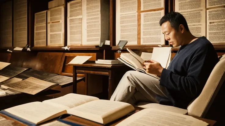 A middle-aged man sitting in a chair studying the Bible、Historical documents、Bible Manuscripts、Outdated、museum、high resolution