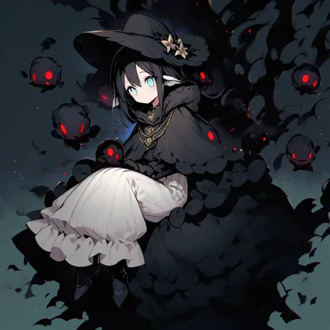 (well done: 1) small creature made completely of darkness, black hair, long straight hair, black sheep ears, black sheep tail, large hat, large white eyes, black poncho with hood, white dress stripped underneath, black boots .