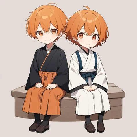 Orange Hair, Orange eyes,short hair,smile, a bit,maleの子一人,a bitキャラ,anime,whole body,mini,male,小さいmaleの子,a bitお漏らし ,Hakama,Sitting