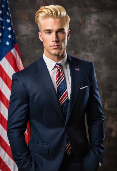 Handsome American man with blonde hair and masculine build. He is wearing a classic dark American suit. There is an American flag in the background. 