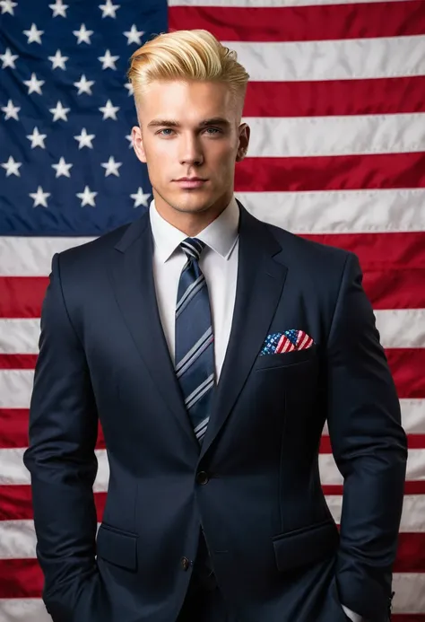 Handsome American man with blonde hair and masculine build. He is wearing a classic dark American suit. There is an American flag in the background. 